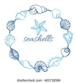 Set of silhouettes of sea shells in circle on white background. Starfish, shell, conch, spiral, helix. Undersea world. Place for text. Vector shape. Template for greeting card, wallpaper, background
