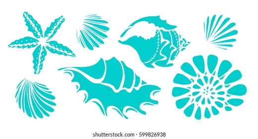 Set Of Silhouettes Of Sea Shells On A Blue Background. Starfish, Shell, Conch, Spiral, Helix.  Vector Illustration