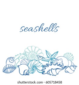 Set of silhouettes of sea shells on white background. Starfish, shell, conch, spiral, helix. Undersea world. Place for text. Vector shape. Template for greeting card, wallpaper, background