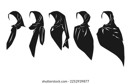 conjunto de siluetas de varias hembras hiyabs de diferentes tipos, estilos, tamaños. concepto de ropa, musulmán, moda. perfecto para imprimir, pegar, afiche, patrón, web. ilustración vectorial.