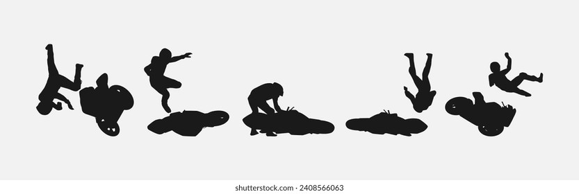 set of silhouettes of several motorbike racer crashing, bouncing, falling. sport, vehicle extreme. different pose, gesture. vector illustration.