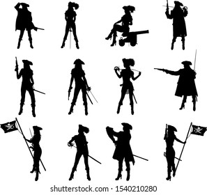 Set of silhouettes of a sexy slim pirate girl with different weapons in different poses and clothes