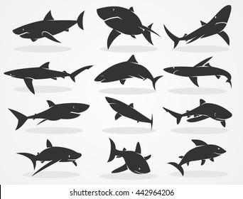 Set of silhouettes of sharks isolated on a black background