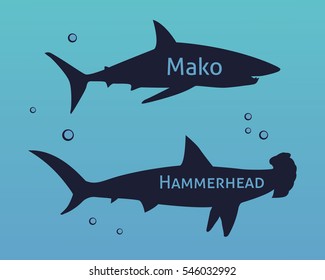 Set of silhouettes  sharks isolated on sea background