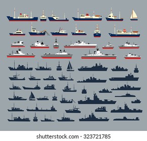 Set of silhouettes of ships, consisting of numerous warships, naval vessels, yachts and cruise barque, hovercraft and pleasure boats for a round trip.