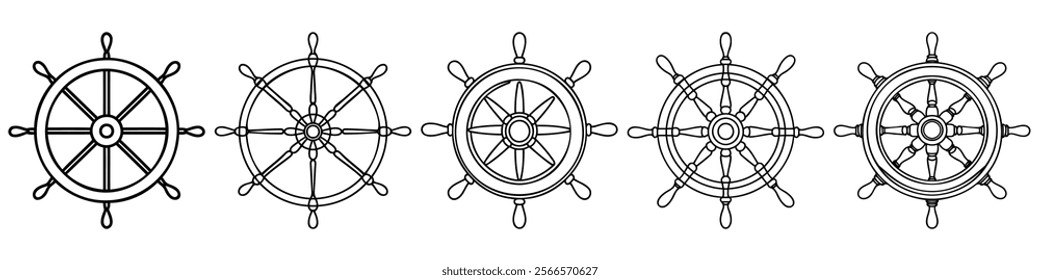 Set of Silhouettes of a ship's helm. Ship's rudder