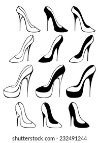Set of silhouettes of shoes on white background.