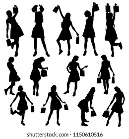 Set of silhouettes shoppers girls. Icon of a young slim woman holding shopping bags. Buyers isolated on white background. Vector illustration.

