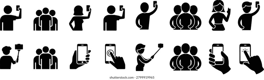 Set of silhouettes showing people taking selfies. Includes individuals and groups, holding smartphones, using selfie sticks, and tapping phone screens, representing modern self-portrait photography.