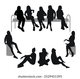 Set of silhouettes of sitting people, girls communicating