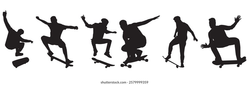 set of silhouettes of skateboarder. Set of skateboarder on isolated white background. 