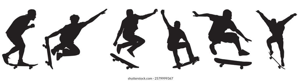 set of silhouettes of skateboarder. Set of skateboarder on isolated white background. 