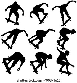 Set silhouettes a skateboarder performs jumping. Vector illustration.