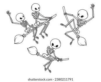 Set of silhouettes skeleton flying on a broomstick. Collection of mythical characters for Halloween. Magic bones. Horror sticker. Vector illustration outline of scary personage.