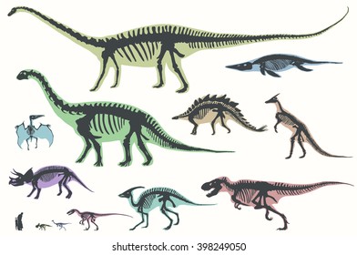 Set of silhouettes of skeletons of dinosaurs and fossils. Hand drawn vector illustration. Silhouettes of man and children, comparison of sizes, realistic size.