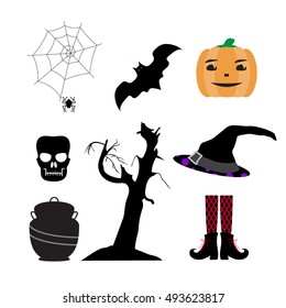 Set of silhouettes: skull, pumpkin, spider, cobweb, hand drawn tree, bat, witches pot, hat, stockings with shoes. Color Halloween vector illustration isolated on white background. 