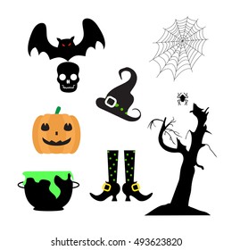 Set of silhouettes: skull, spider, cobweb,  hand drawn tree, pumpkin, bat, witches pot, hat, stockings with shoes. Color Halloween vector illustration isolated on white background. 