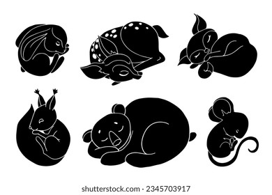 Set of silhouettes of sleeping young forest animals.Vector graphics.