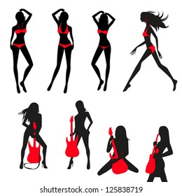 Set Of Silhouettes Of Slender Girls With Guitars In Bikini.