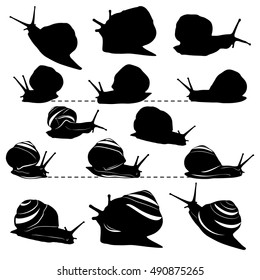 A set of silhouettes of snails their movement