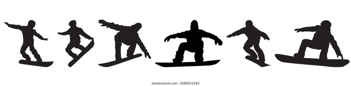 set silhouettes of snowboarder. Snowboard sport set. Isolated on white background.