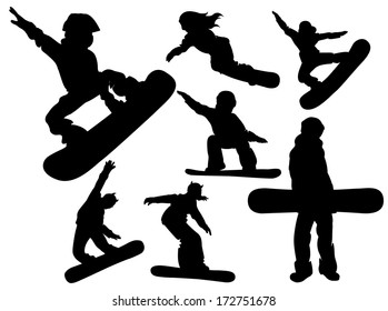 Set of silhouettes of snowboarders. Men and women ride and jump doing tricks