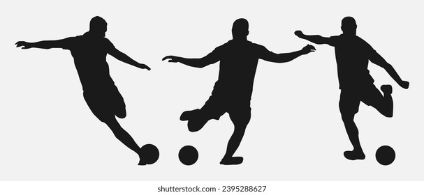 Set of silhouettes of soccer athletes doing a kick. Isolated on white background. Vector illustration.