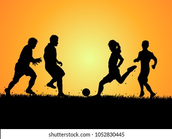 Set of Silhouettes of soccer player and grass on gradient background