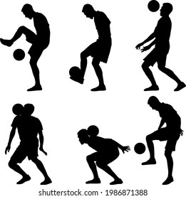 Set silhouettes of soccer players with the ball on white background.