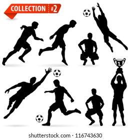 Set of Silhouettes of Soccer Players in various Poses with the Ball