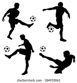 Set of Silhouettes of Soccer Players in various Poses with the Ball, vector isolated on white background