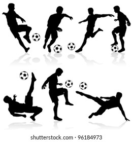 Set of Silhouettes of Soccer Players in various Poses with the Ball. Vector illustration.