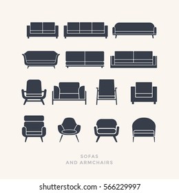 Set of silhouettes of sofas on a light background. Furniture icons. Vector illustration.