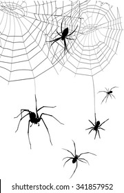 set of silhouettes spiders and spider web