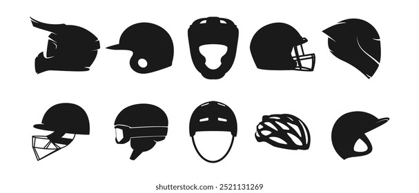 Set silhouettes of sport helmet. Motocross, baseball, head guard, american football, motorcycle, cricket, ski, skate, bike, and jockey helmet. Vector illustration.