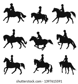 Set of silhouettes of sport ponies and riders