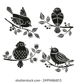 Set of silhouettes of a spring bird sitting on a branch with flowers and berries in linocut style. Folk birds vector illustration