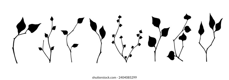 Satz von Silhouetten von Frühlingszweigen mit Blättern und Triebe.Vektorgrafik.