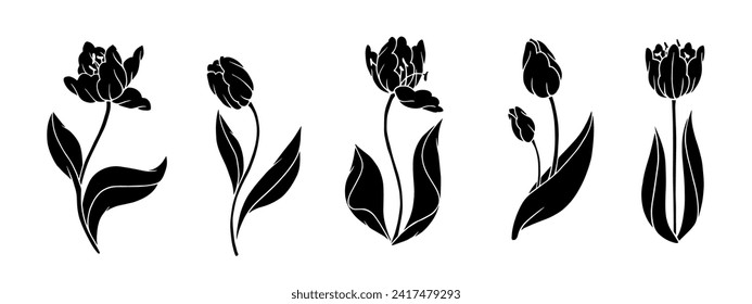 Set of silhouettes of spring flowers and tulip buds. Vector graphics.