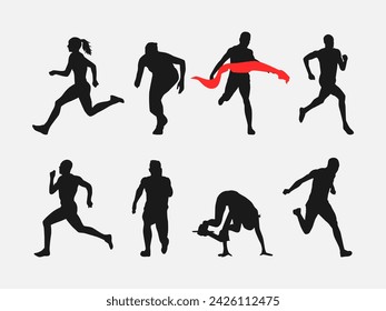 set of silhouettes of sprinter runner with different poses, gestures. isolated on white background. vector illustration.