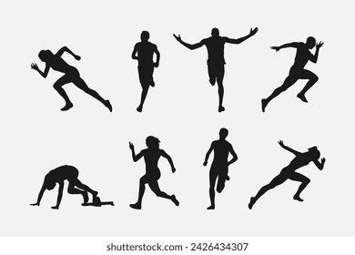 set of silhouettes of sprinter runner with different poses, gestures. isolated on white background. vector illustration.