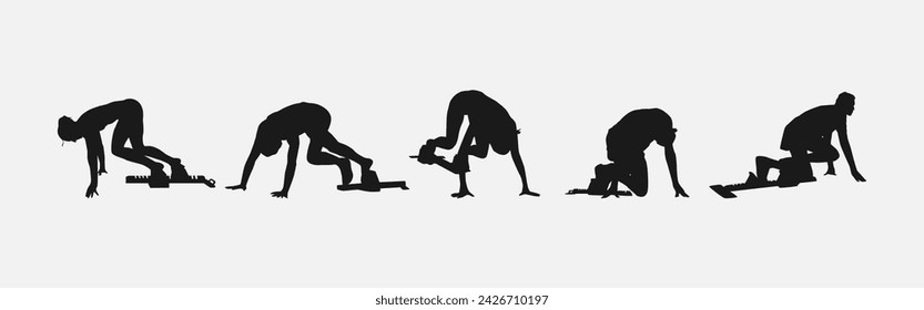 set of silhouettes of sprinter at starting block. isolated on white background. vector illustration.