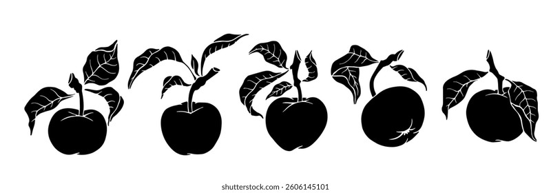Set of silhouettes, stamps of apple tree fruits with leaves. Vector graphics.