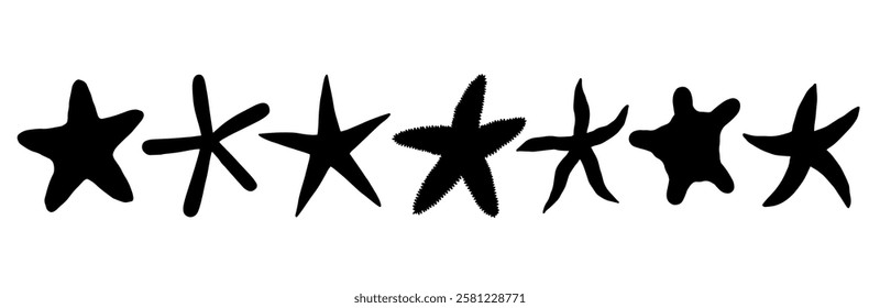 Set of silhouettes, stamps of aquatic animals, starfish. Vector graphics.