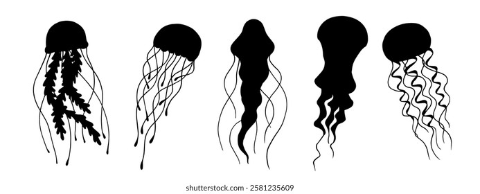 Set of silhouettes, stamps of aquatic animals jellyfish. Vector graphics.