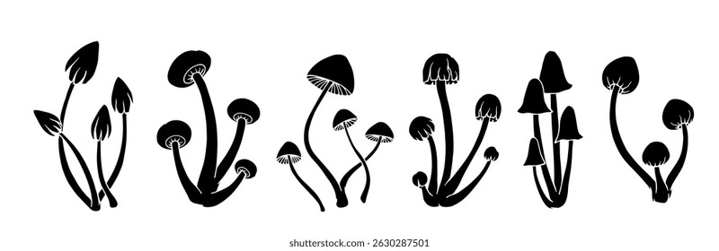 Set of silhouettes, stamps of autumn compositions of death cap mushrooms. Vector graphics.