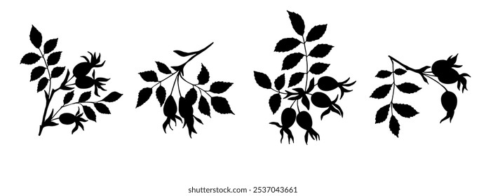 Set of silhouettes, stamps of autumn rose hips. Vector graphics.