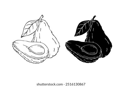 Set of silhouettes, stamps of avocado fruits, pieces of dietary fruits. Vector graphics..Vector graphics.