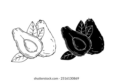 Set of silhouettes, stamps of avocado fruits, pieces of dietary fruits. Vector graphics..Vector graphics.