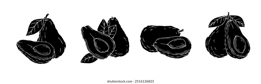 Set of silhouettes, stamps of avocado fruits, slices of dietary fruits. Vector graphics.